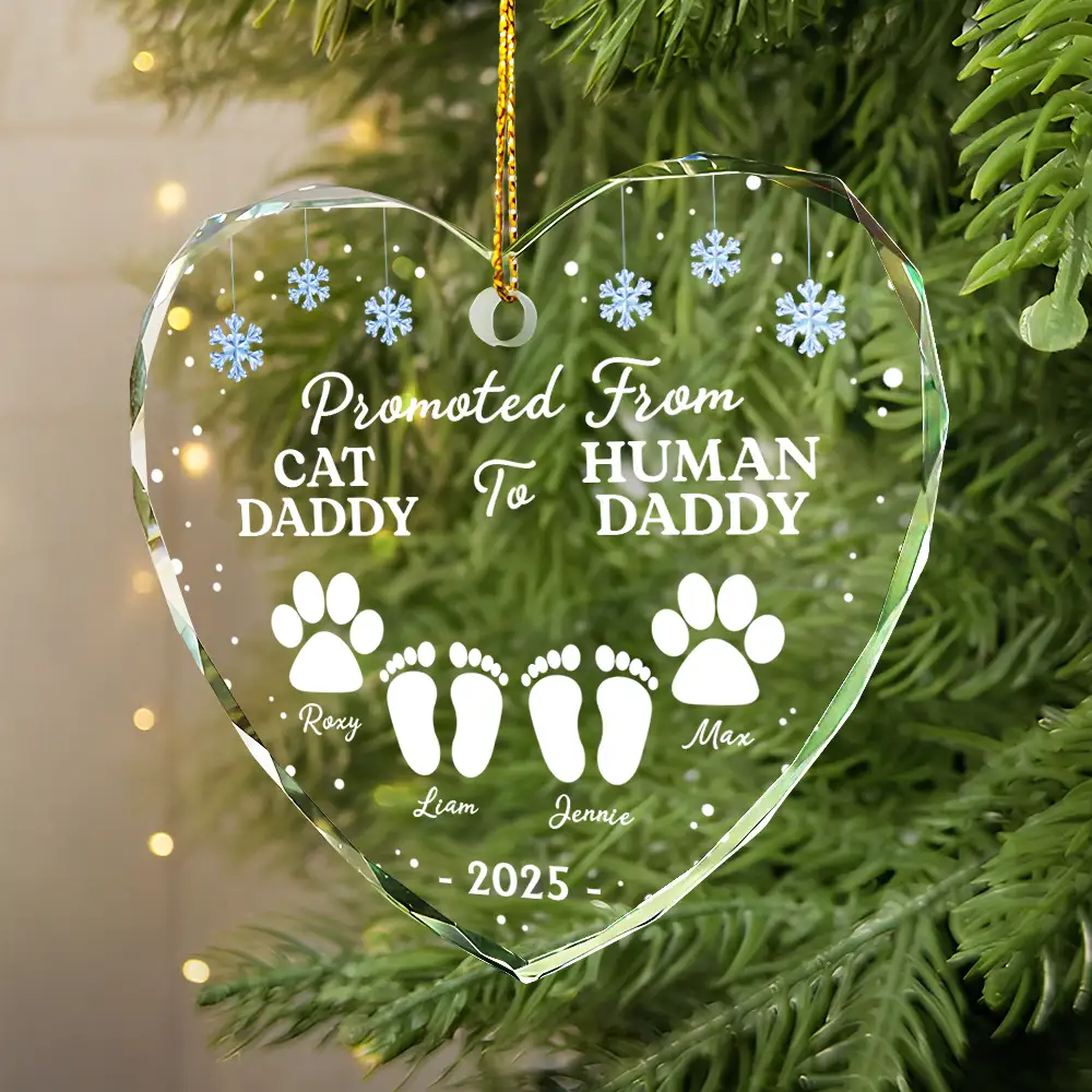 Promoted From Dog Cat Mommy To Human Mommy - Personalized Heart Shaped Glass Ornament - Image 2