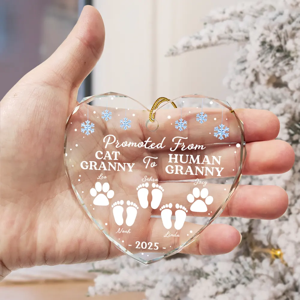 Promoted From Dog Cat Mommy To Human Mommy - Personalized Heart Shaped Glass Ornament - Image 3