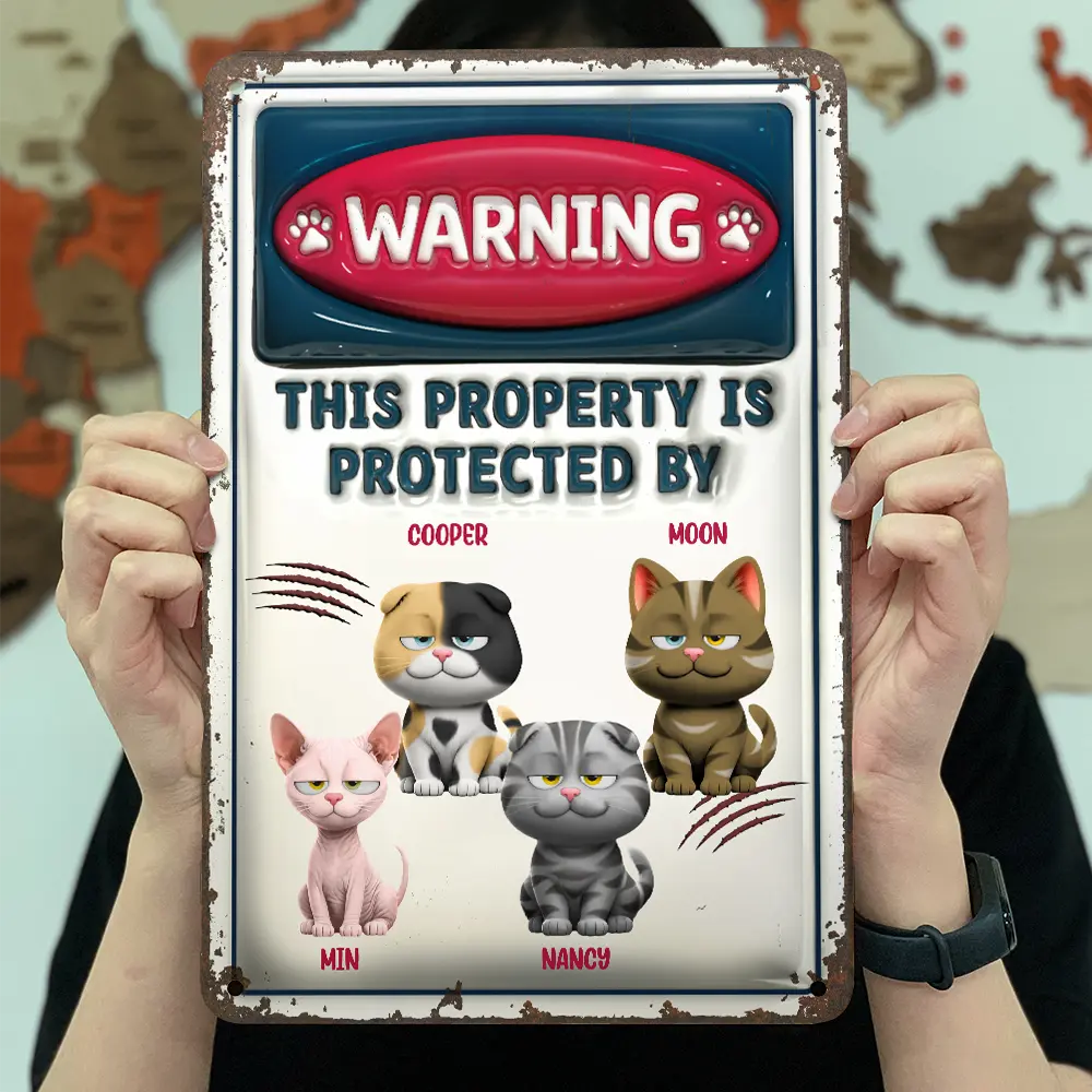 Property Is Protected By Funny Cat - Personalized Classic Metal Signs - Image 3