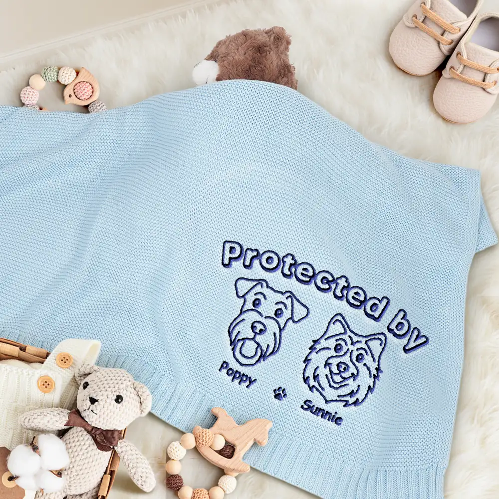 Protected By Dogs - Personalized Embroidered Knitted Baby Blanket - Image 3