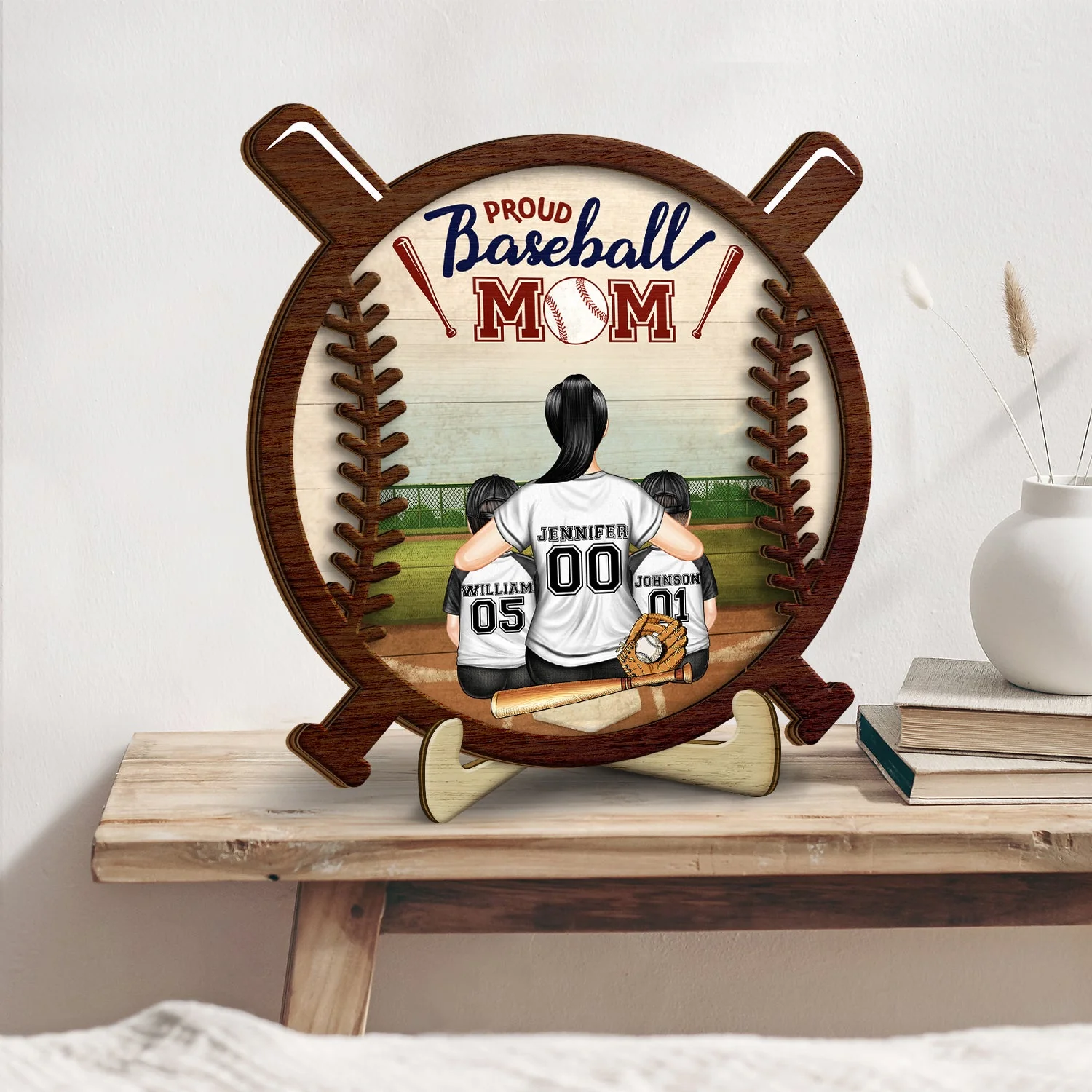 Proud Baseball Mom - Gift For Baseball Mother - Personalized 2-Layered Wooden Plaque With Stand - Image 2
