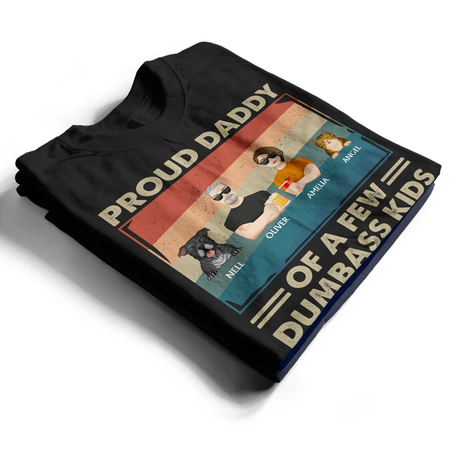 Proud Father Of A Few Kid Adult Dog Cat Flat Art - Funny Gift For Dad, Father, Grandpa - Personalized T Shirt - Image 2