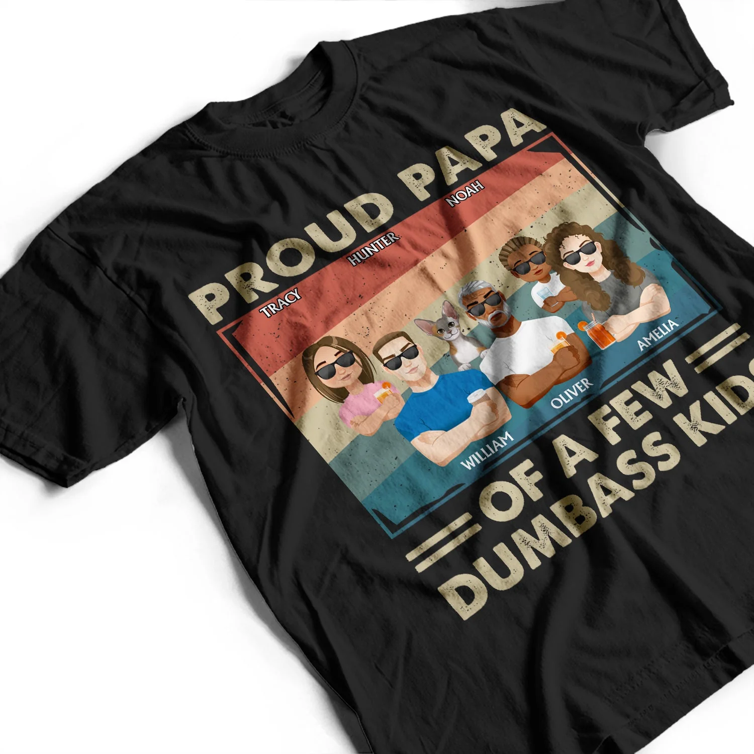 Proud Father Of A Few Kid Adult Dog Cat Flat Art - Funny Gift For Dad, Father, Grandpa - Personalized T Shirt - Image 3