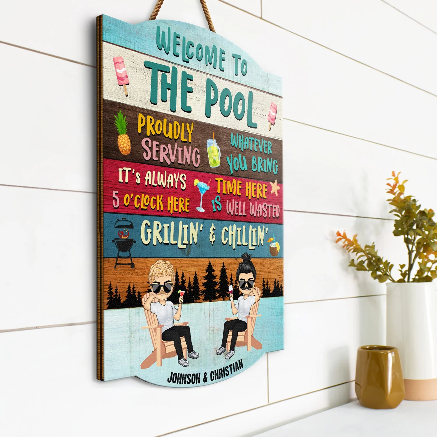 Proudly Serving Time Here Is Well Wasted - Lake House, Pool House Decor - Personalized Custom Shaped Wood Sign - Image 2