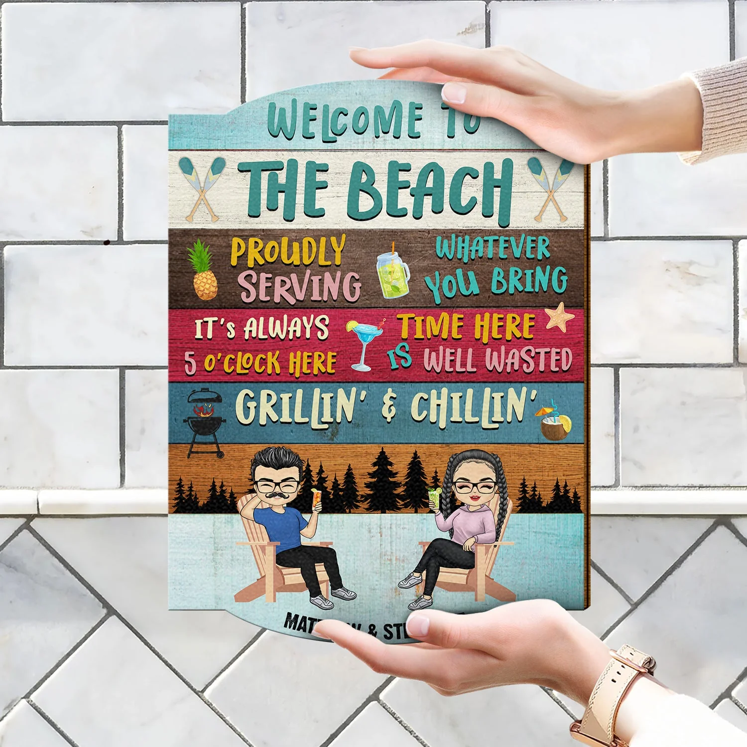 Proudly Serving Time Here Is Well Wasted - Lake House, Pool House Decor - Personalized Custom Shaped Wood Sign - Image 4