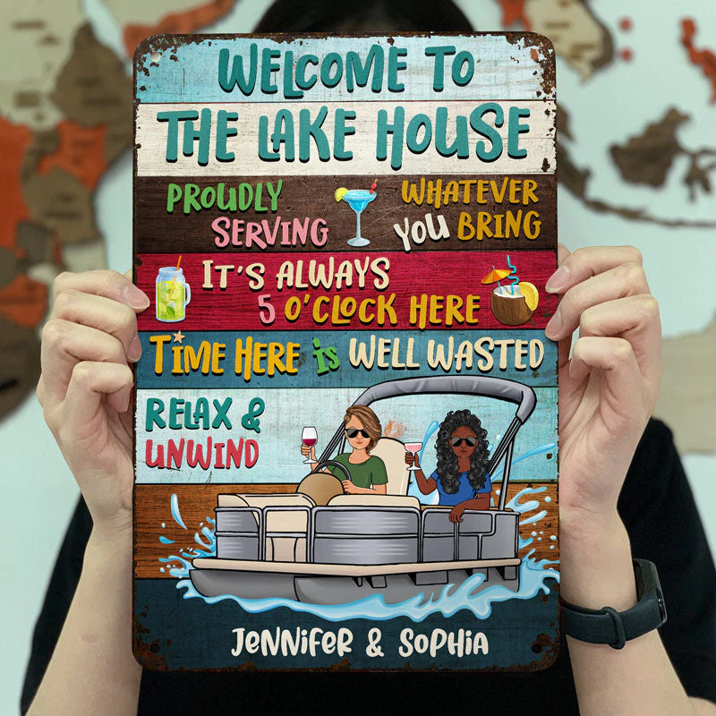 Proudly Serving Whatever You Bring Pontoon Lake Life - Couple Gift - Custom Classic Metal Signs - Image 3