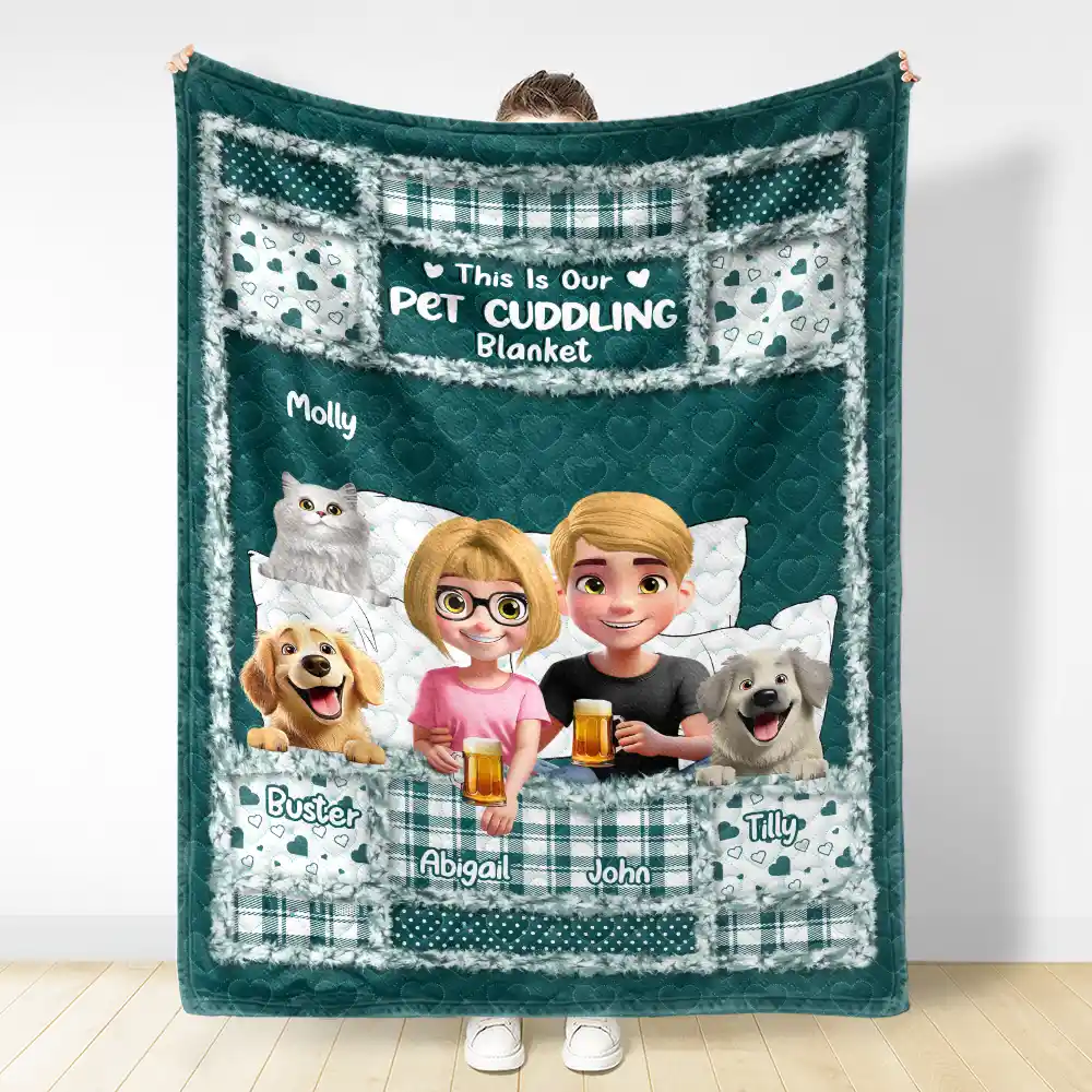 Quilt Pattern Our Dog Cat Cuddling Blanket - Personalized Fleece Blanket, Sherpa Blanket - Image 3