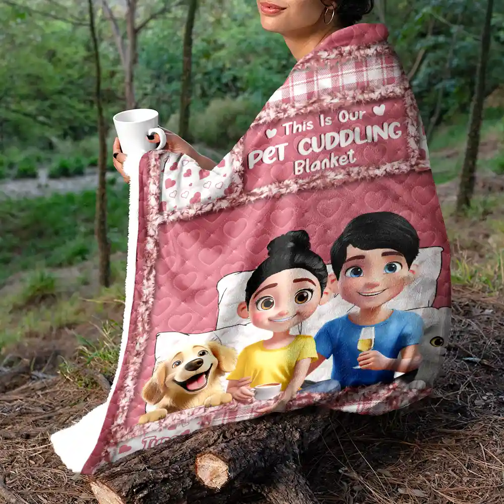 Quilt Pattern Our Dog Cat Cuddling Blanket - Personalized Fleece Blanket, Sherpa Blanket - Image 5