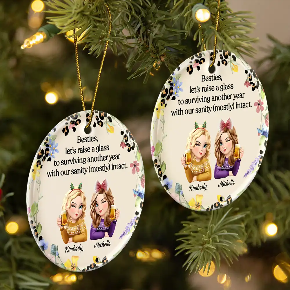 Raise A Glass To Surviving - Personalized Circle Ceramic Ornament - Image 2