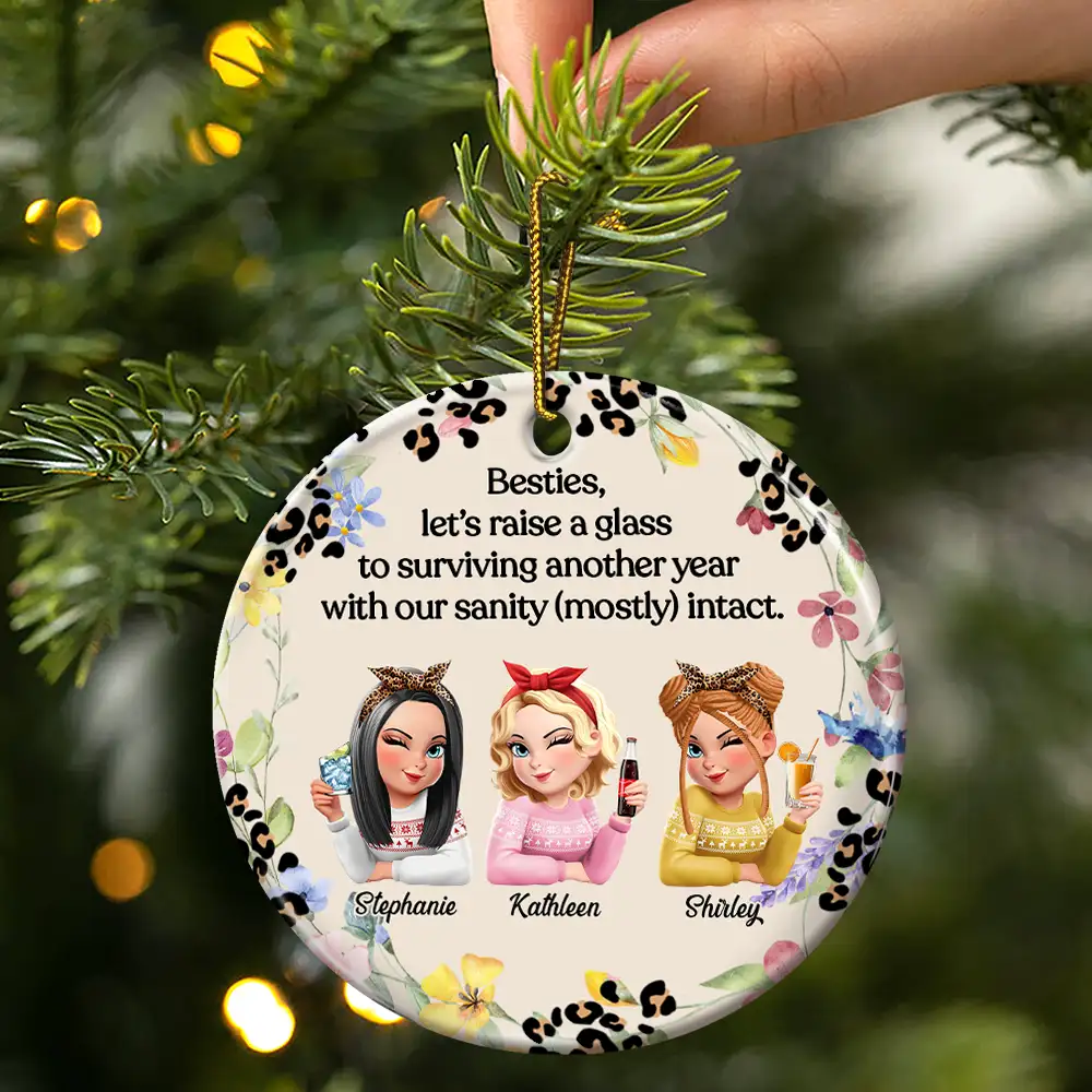 Raise A Glass To Surviving - Personalized Circle Ceramic Ornament - Image 3