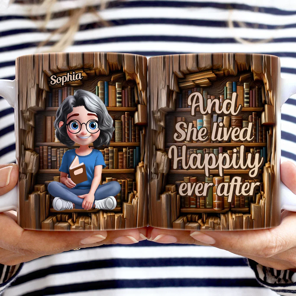 Reading 3D Effect Girl Who Loves Books - Personalized White Edge-to-Edge Mug - Image 2