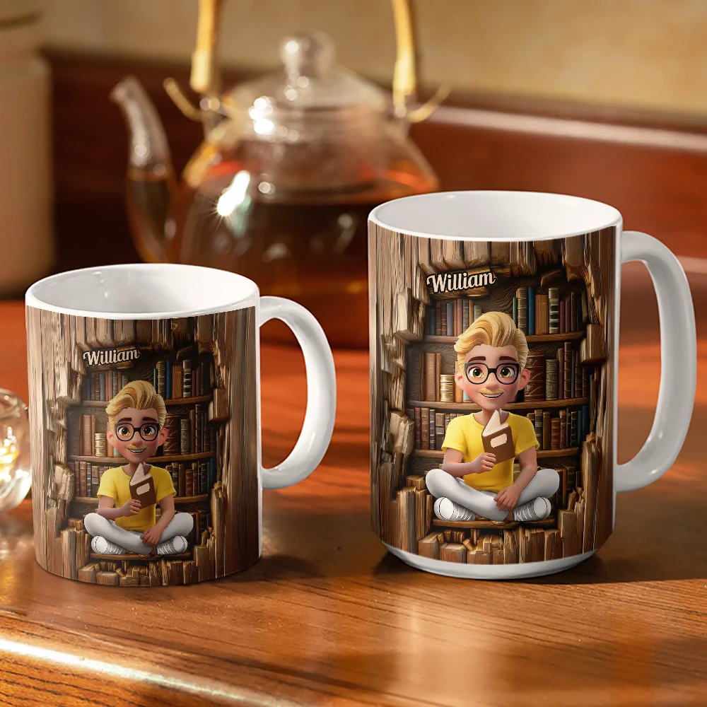 Reading 3D Effect Girl Who Loves Books - Personalized White Edge-to-Edge Mug - Image 3
