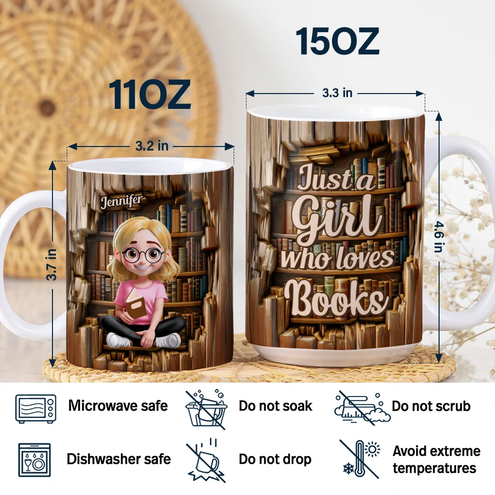 Reading 3D Effect Girl Who Loves Books - Personalized White Edge-to-Edge Mug - Image 5