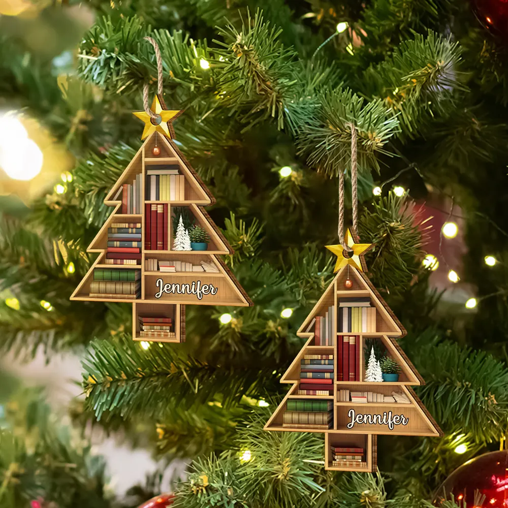 Reading Bookshelves Christmas Tree Shape - Personalized Custom Shaped Wooden Ornament - Image 6