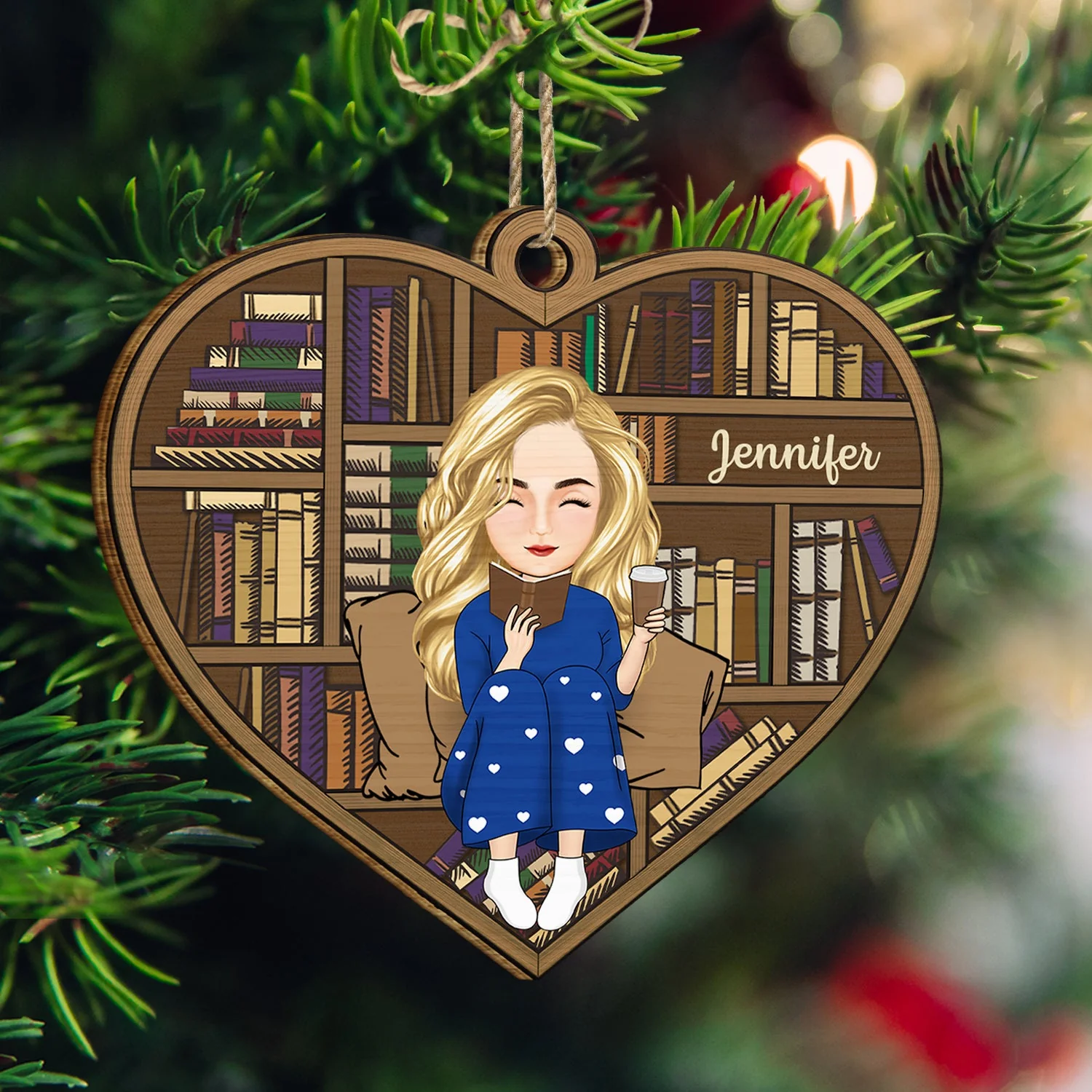 Reading Cartoon Girl Boy Book Lovers - Gift For Reading Lovers - Personalized Custom Shaped Wooden Ornament - Image 3