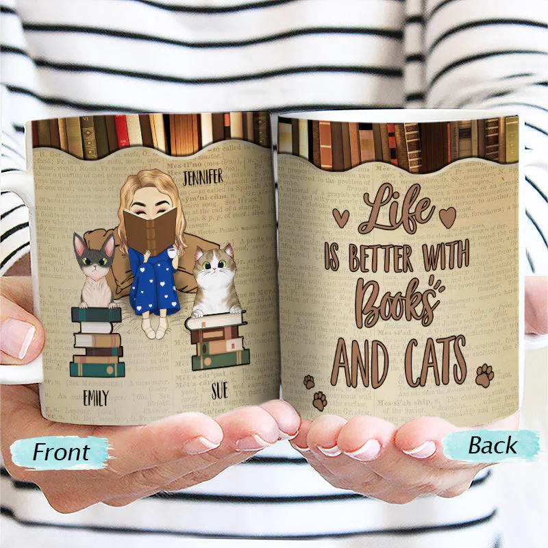 Reading Chibi Girl Life Is Better With Books Cats & Dogs - Personalized Custom White Edge-To-Edge Mug - Image 2