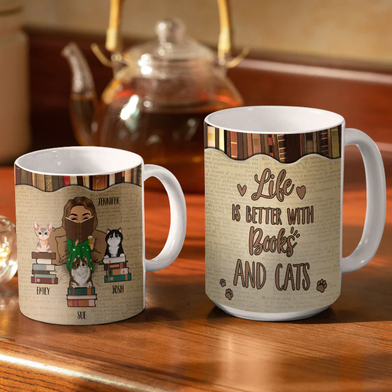 Reading Chibi Girl Life Is Better With Books Cats & Dogs - Personalized Custom White Edge-To-Edge Mug - Image 3