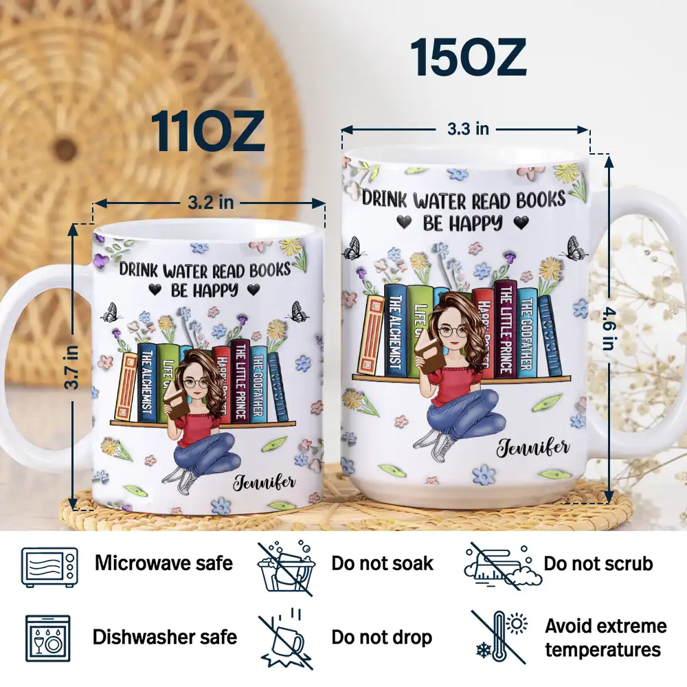Reading Drink Water Read Books - 3D Inflated Effect Printed Mug, Personalized White Edge-to-Edge Mug - Image 5