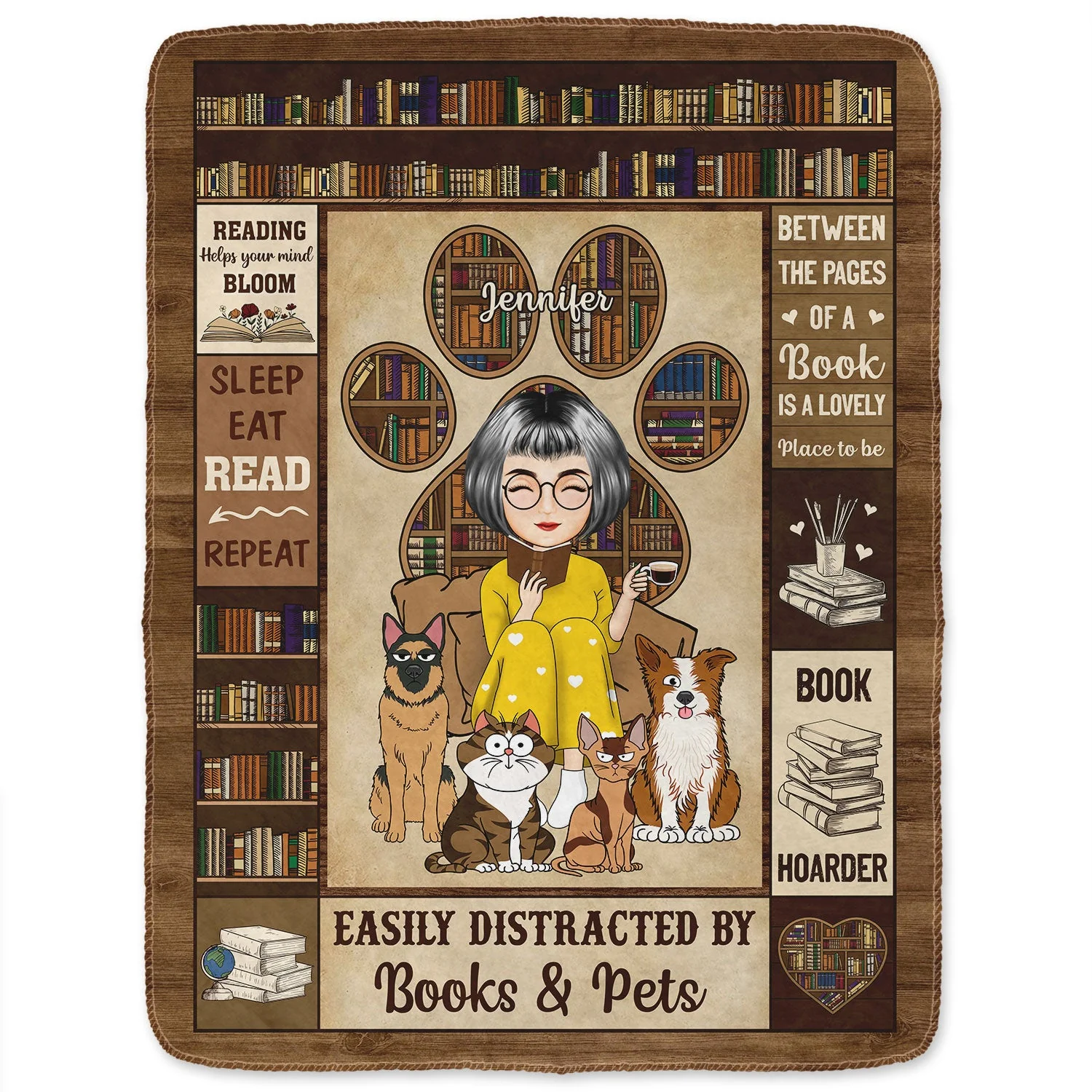 Reading Easily Distracted By Dogs Cats - Gift For Reading Lovers, Pet Lovers - Personalized Fleece Blanket - Image 2
