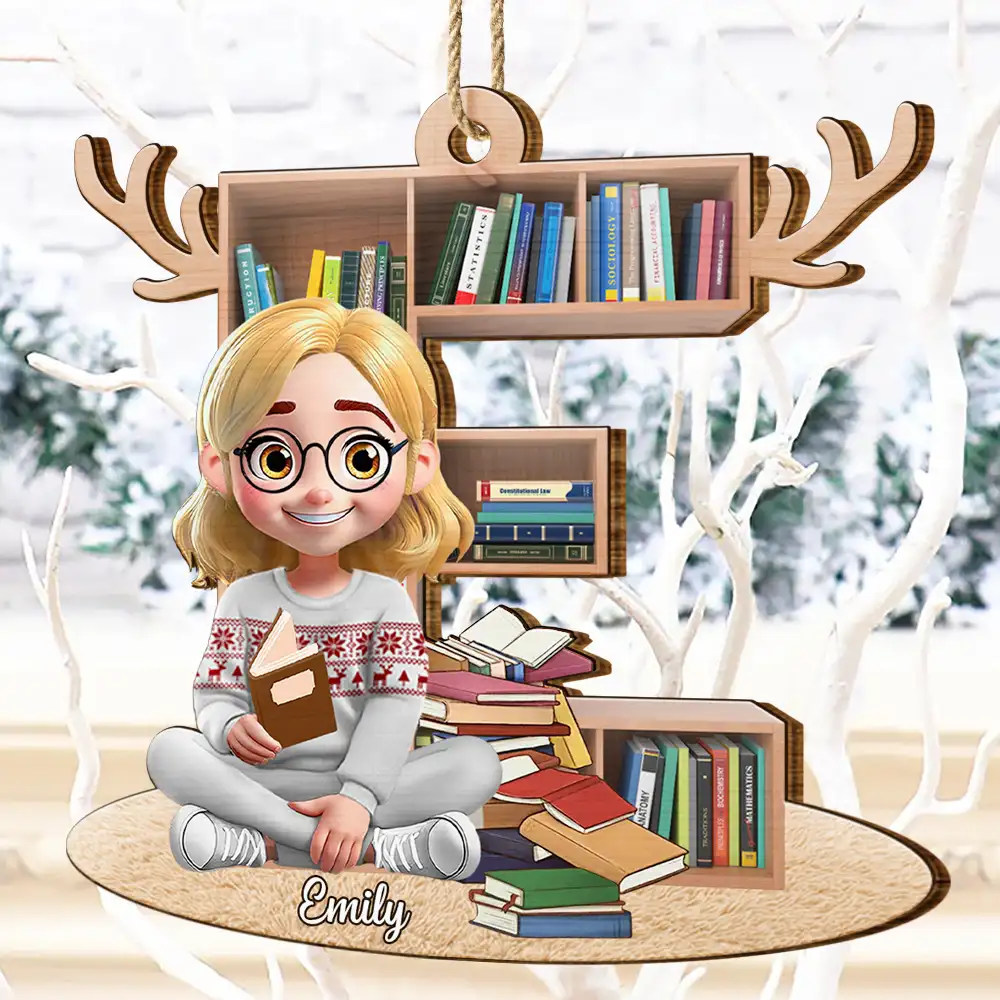 Reading Girl Monogram Bookish Keepsake - Personalized Custom Shaped Wooden Ornament - Image 4