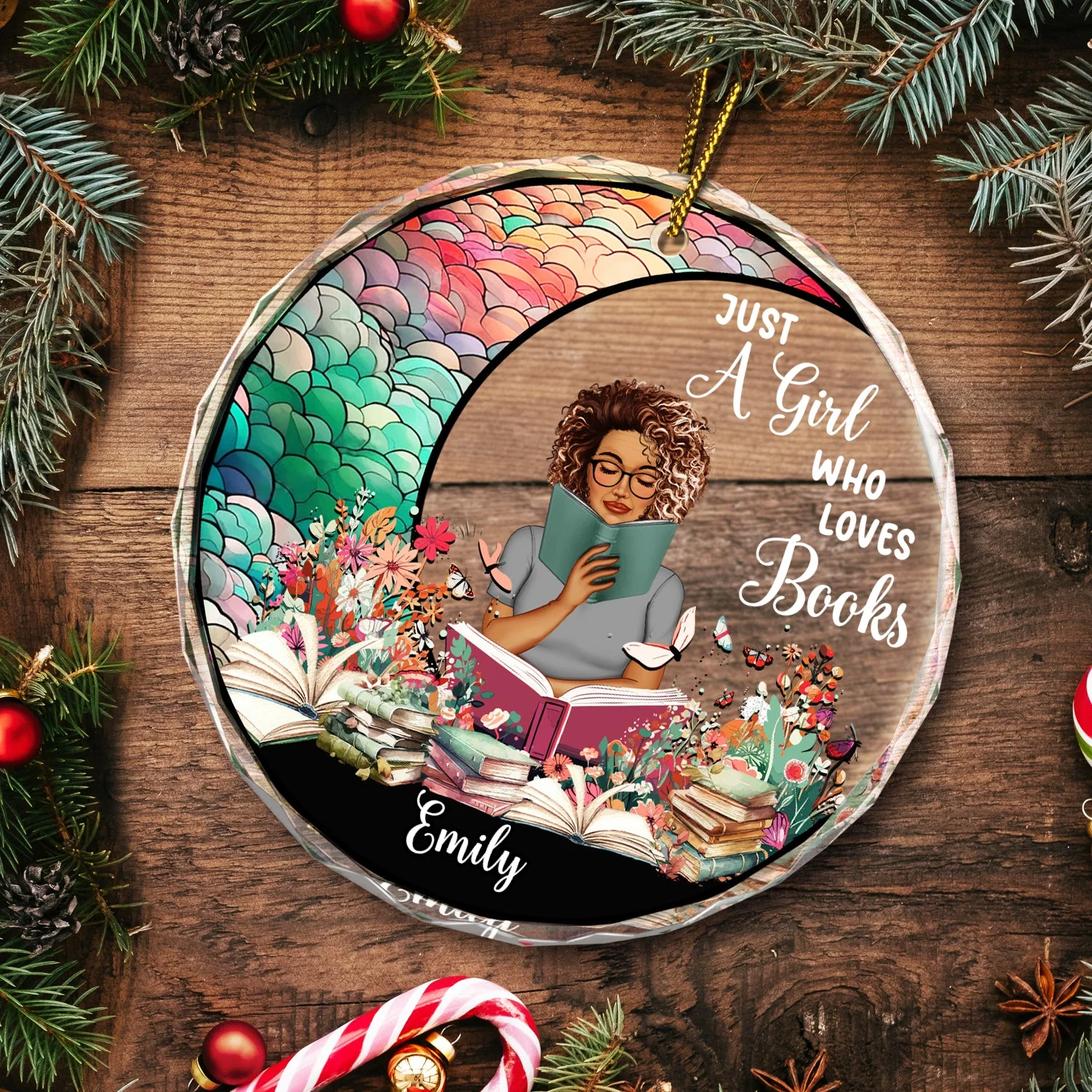 Reading Girl Who Loves Books - Personalized Circle Glass Ornament - Image 5