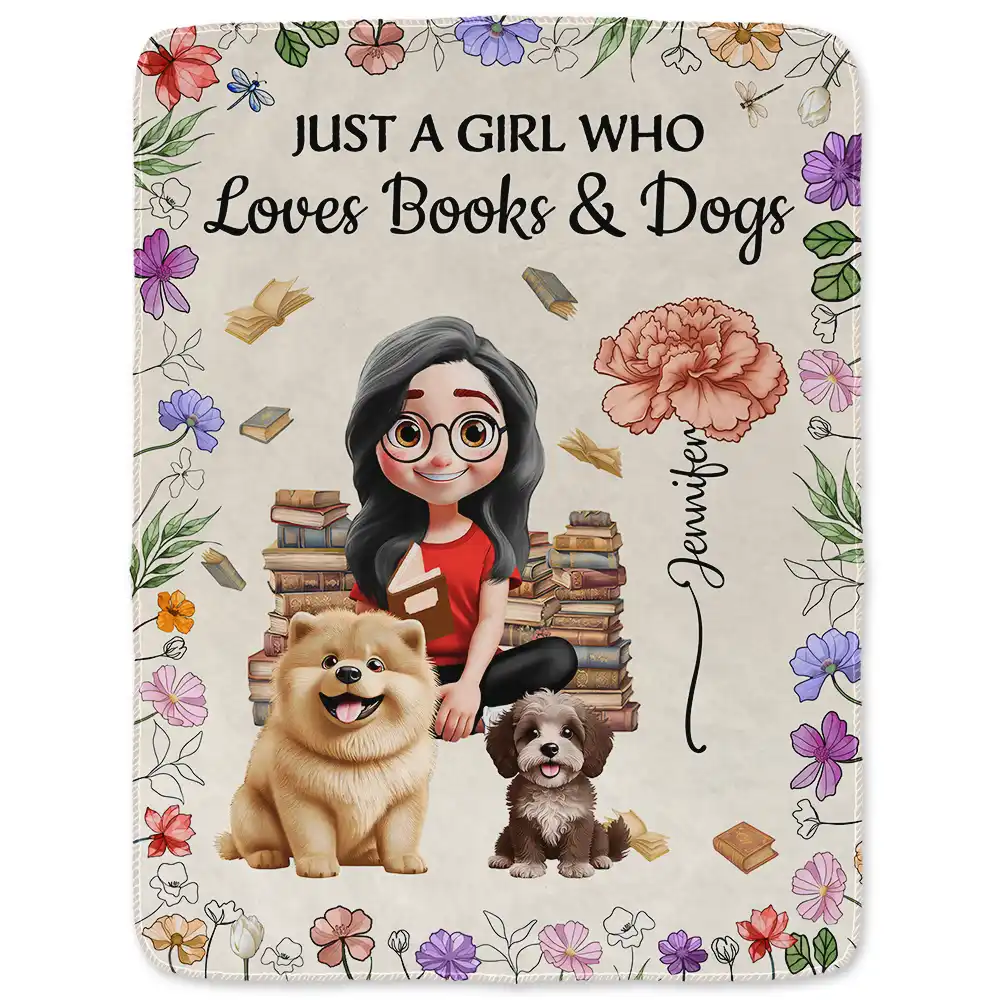 Reading Girl Who Loves Books & Pets Birth Month Flower - Personalized Fleece Blanket, Sherpa Blanket - Image 2