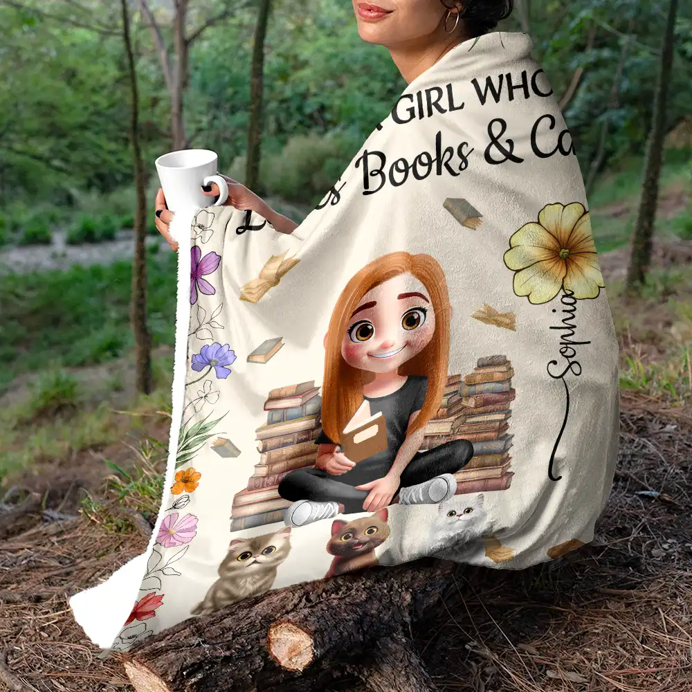 Reading Girl Who Loves Books & Pets Birth Month Flower - Personalized Fleece Blanket, Sherpa Blanket - Image 5