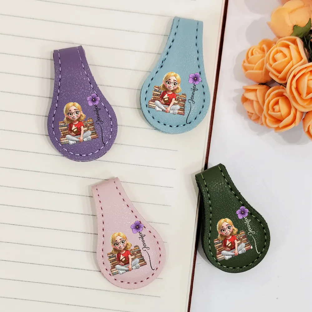 Reading Girl With Birth Month Flower - Personalized Circle Leather Magnetic Bookmark - Image 2