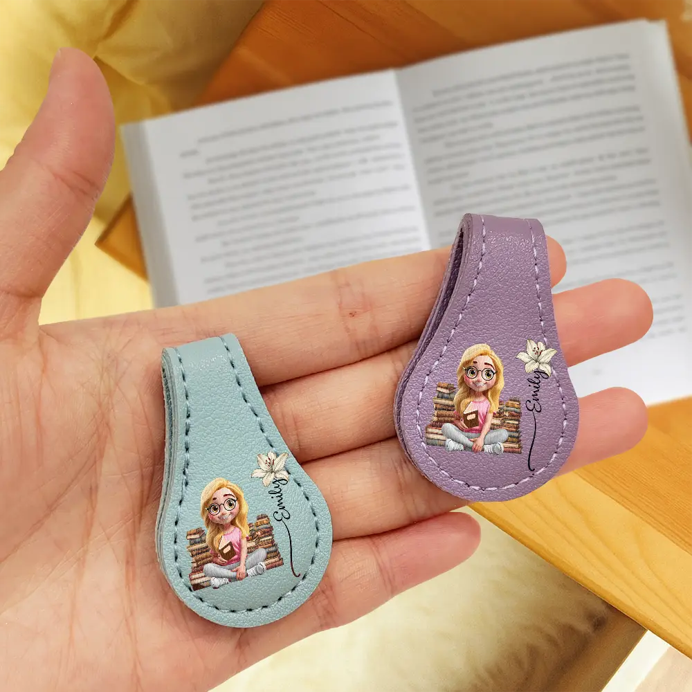 Reading Girl With Birth Month Flower - Personalized Circle Leather Magnetic Bookmark - Image 3