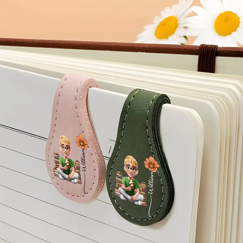 Reading Girl With Birth Month Flower - Personalized Circle Leather Magnetic Bookmark - Image 4