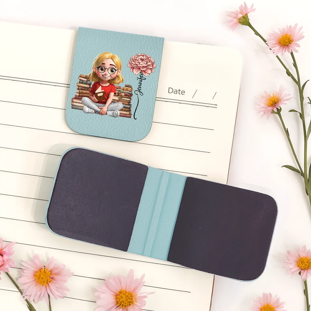 Reading Girl With Birth Month Flower - Personalized Leather Magnetic Bookmark - Image 5