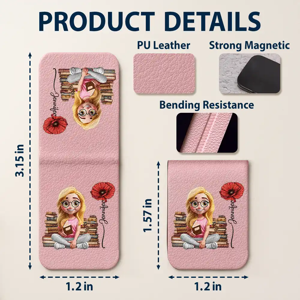 Reading Girl With Birth Month Flower - Personalized Leather Magnetic Bookmark - Image 6