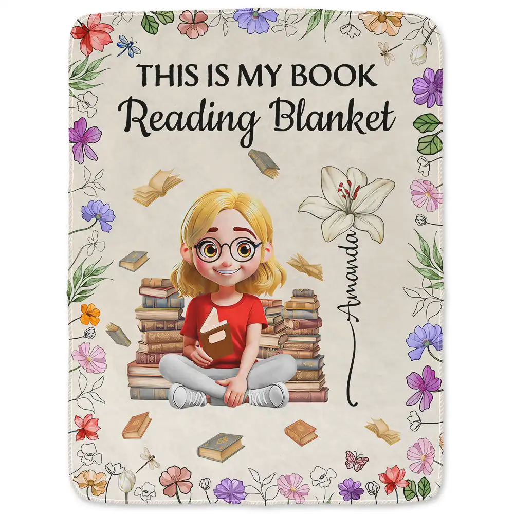 Reading Girl With Birth Month Flowers - Personalized Fleece Blanket, Sherpa Blanket - Image 2