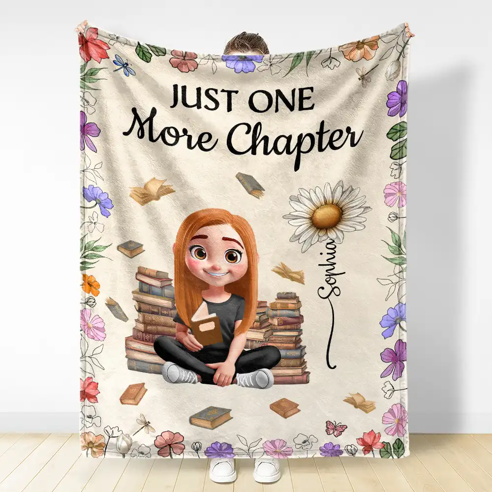 Reading Girl With Birth Month Flowers - Personalized Fleece Blanket, Sherpa Blanket - Image 3