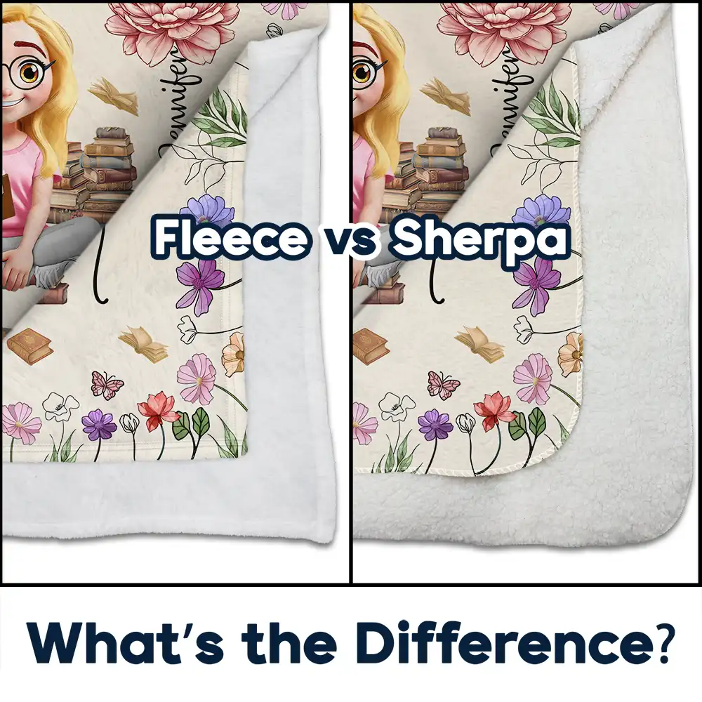 Reading Girl With Birth Month Flowers - Personalized Fleece Blanket, Sherpa Blanket - Image 4