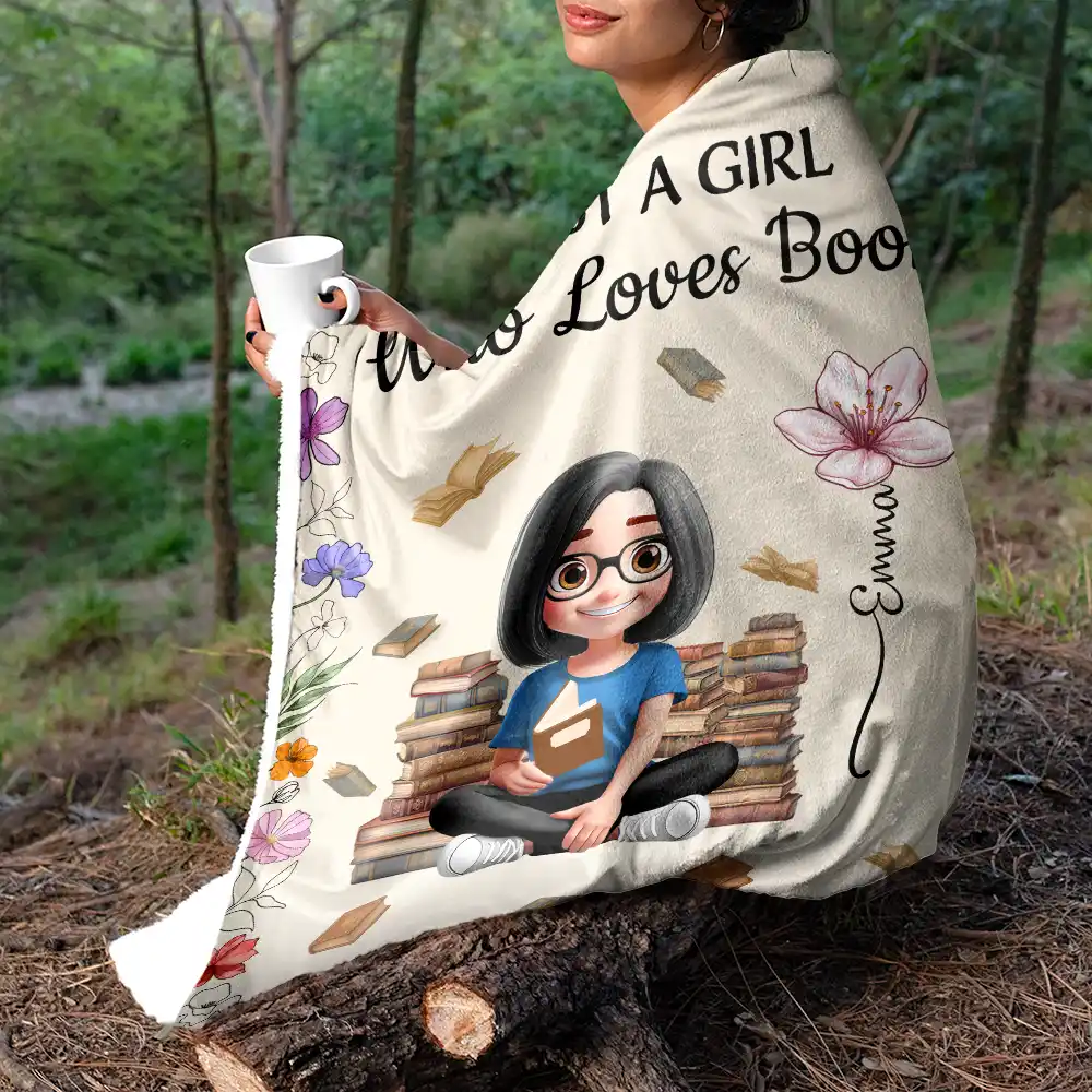 Reading Girl With Birth Month Flowers - Personalized Fleece Blanket, Sherpa Blanket - Image 5