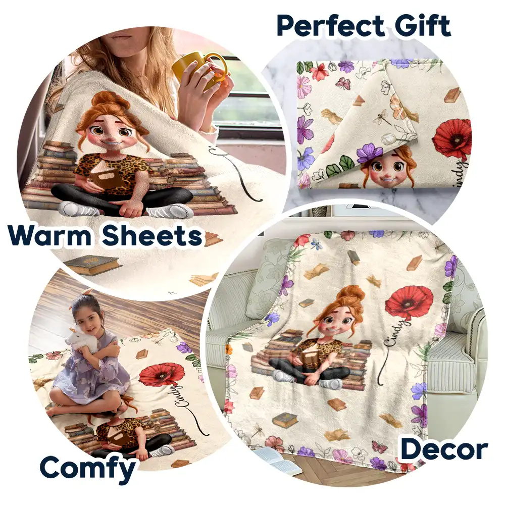 Reading Girl With Birth Month Flowers - Personalized Fleece Blanket, Sherpa Blanket - Image 7