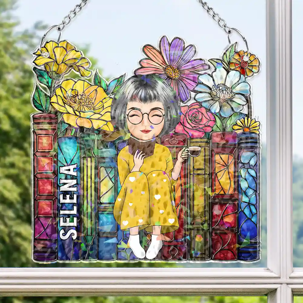 Reading Girl With Books - Personalized Window Corner Suncatcher - Image 3