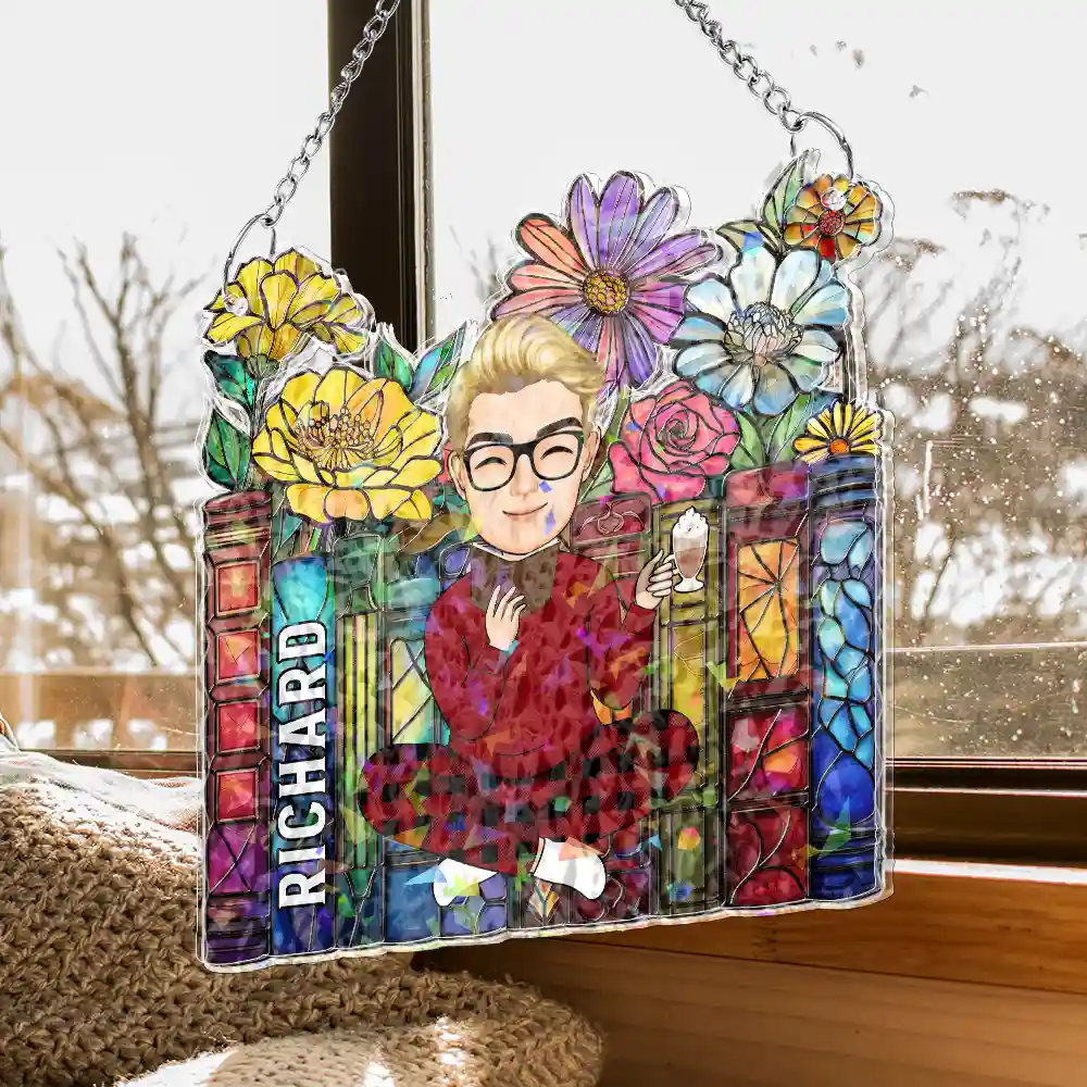 Reading Girl With Books - Personalized Window Corner Suncatcher - Image 4