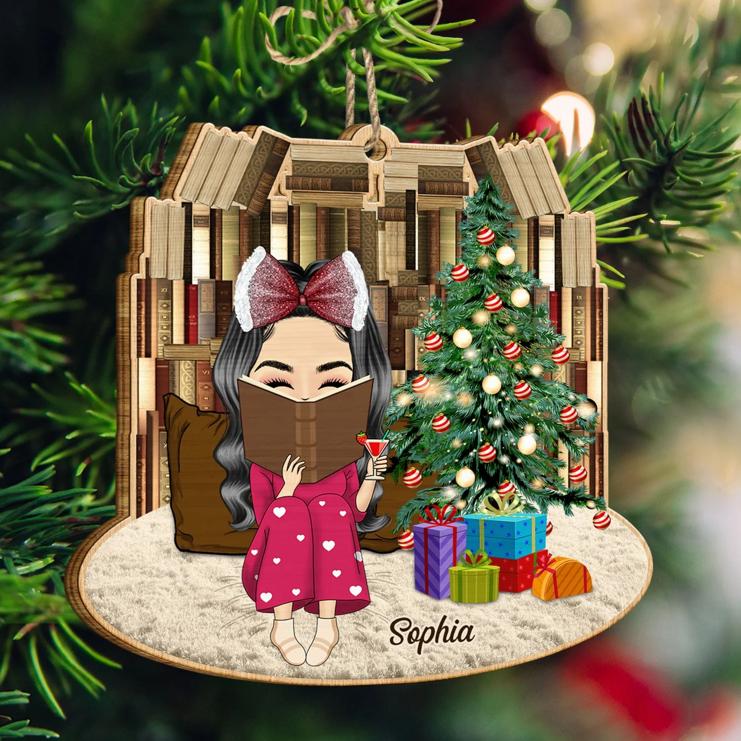 Reading Girls Sitting Relax At Home - Christmas Gift For Books Lovers - Personalized Custom Shaped Wooden Ornament - Image 3