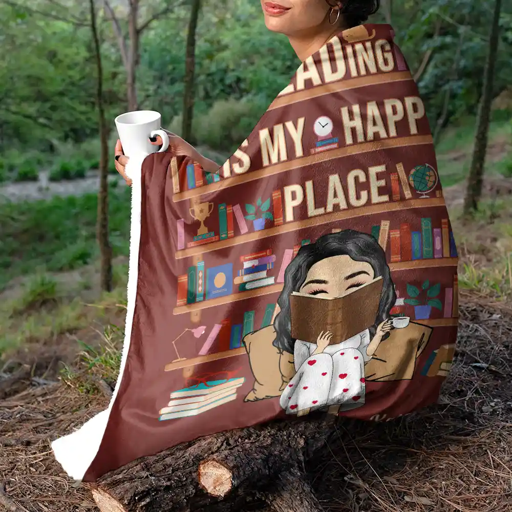 Reading Is My Happy Place - Personalized Fleece Blanket, Sherpa Blanket - Image 5