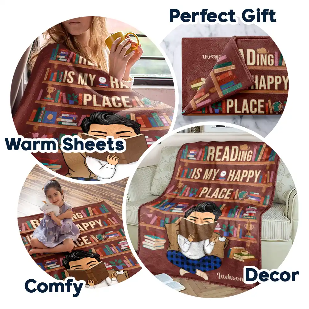 Reading Is My Happy Place - Personalized Fleece Blanket, Sherpa Blanket - Image 7