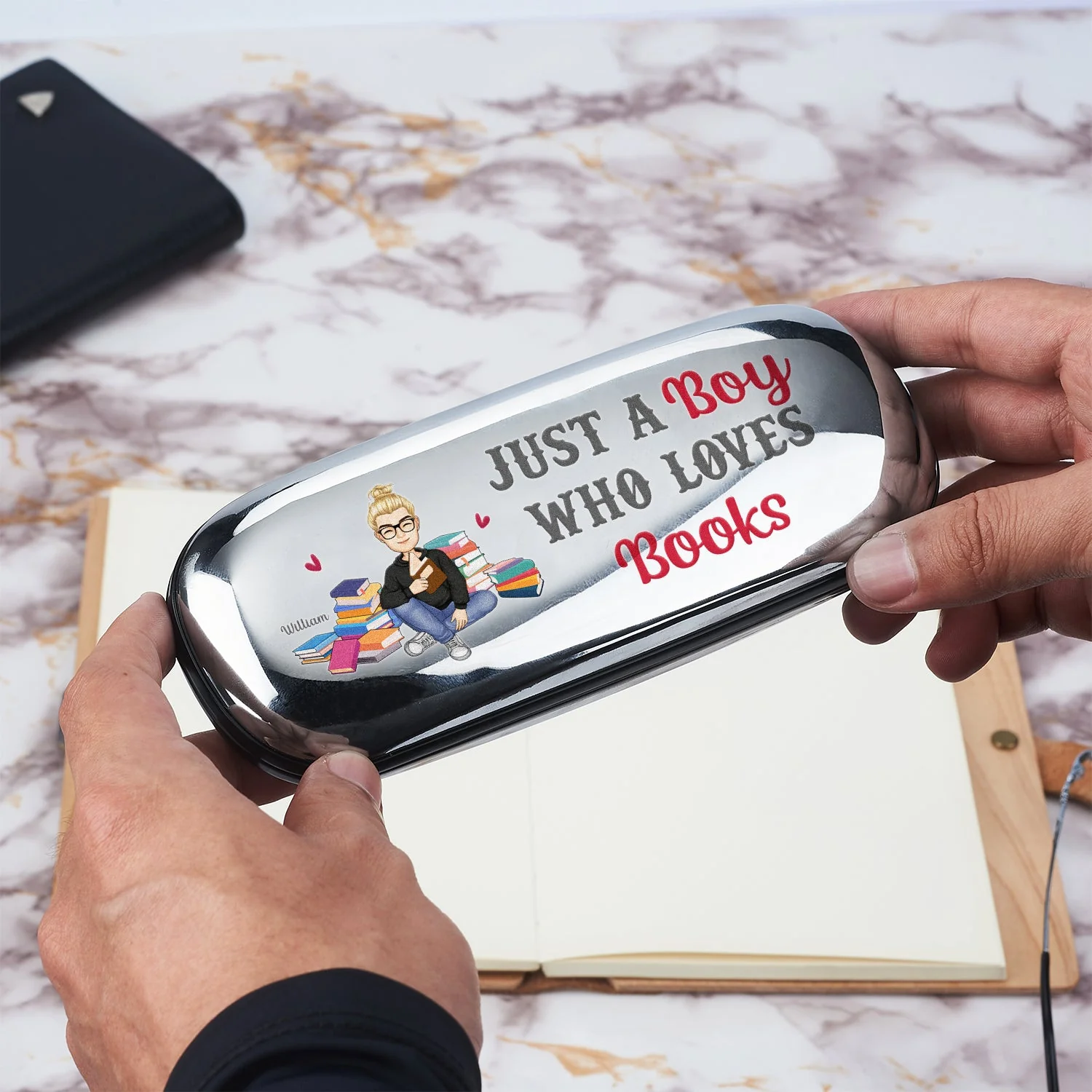 Reading Just A Girl Boy Who Loves Books - Gift For Reading Lovers - Personalized Chrome Glasses Case Box - Image 2