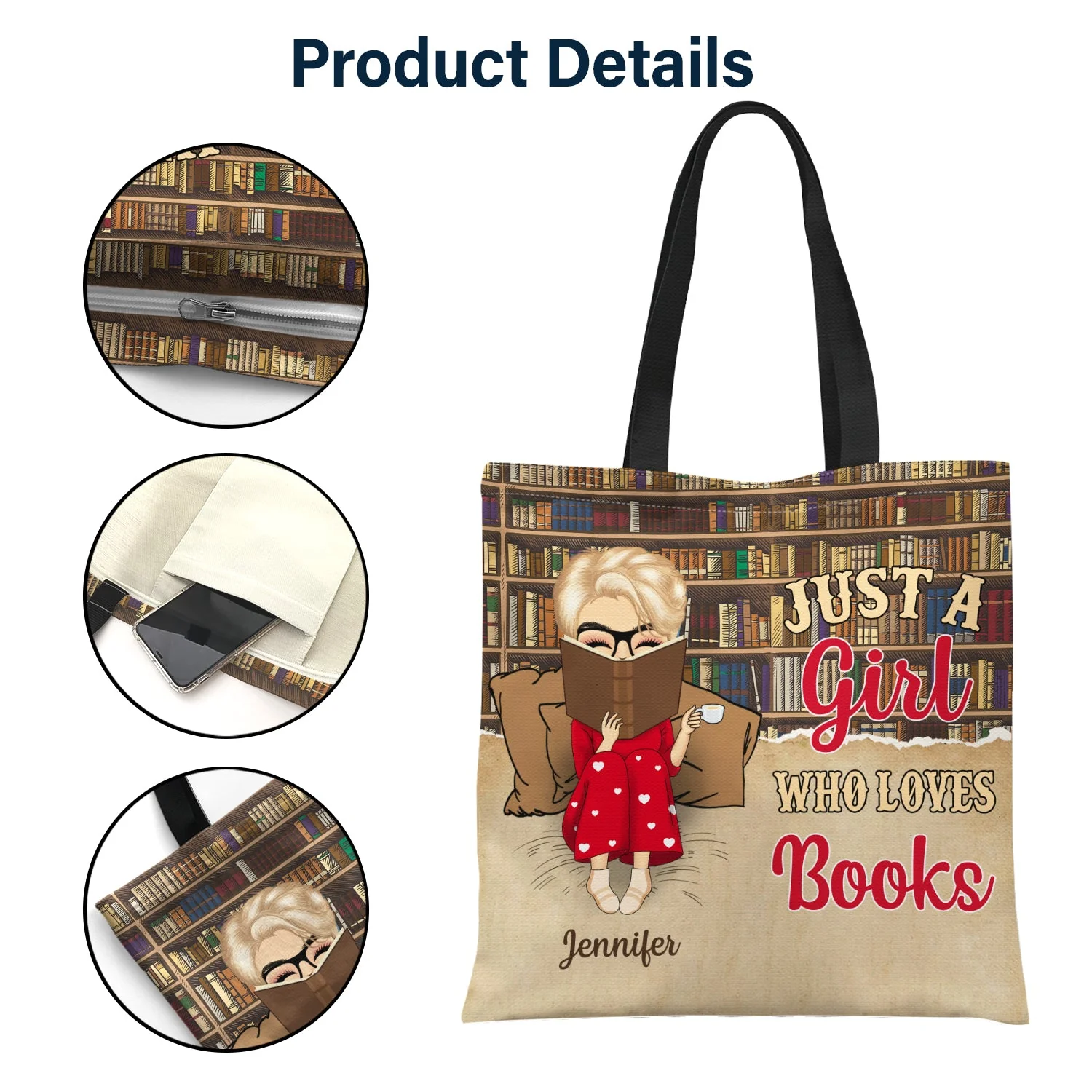 Reading Just A Girl Who Loves Book - Gift For Book Lovers - Personalized Custom Zippered Canvas Bag - Image 5