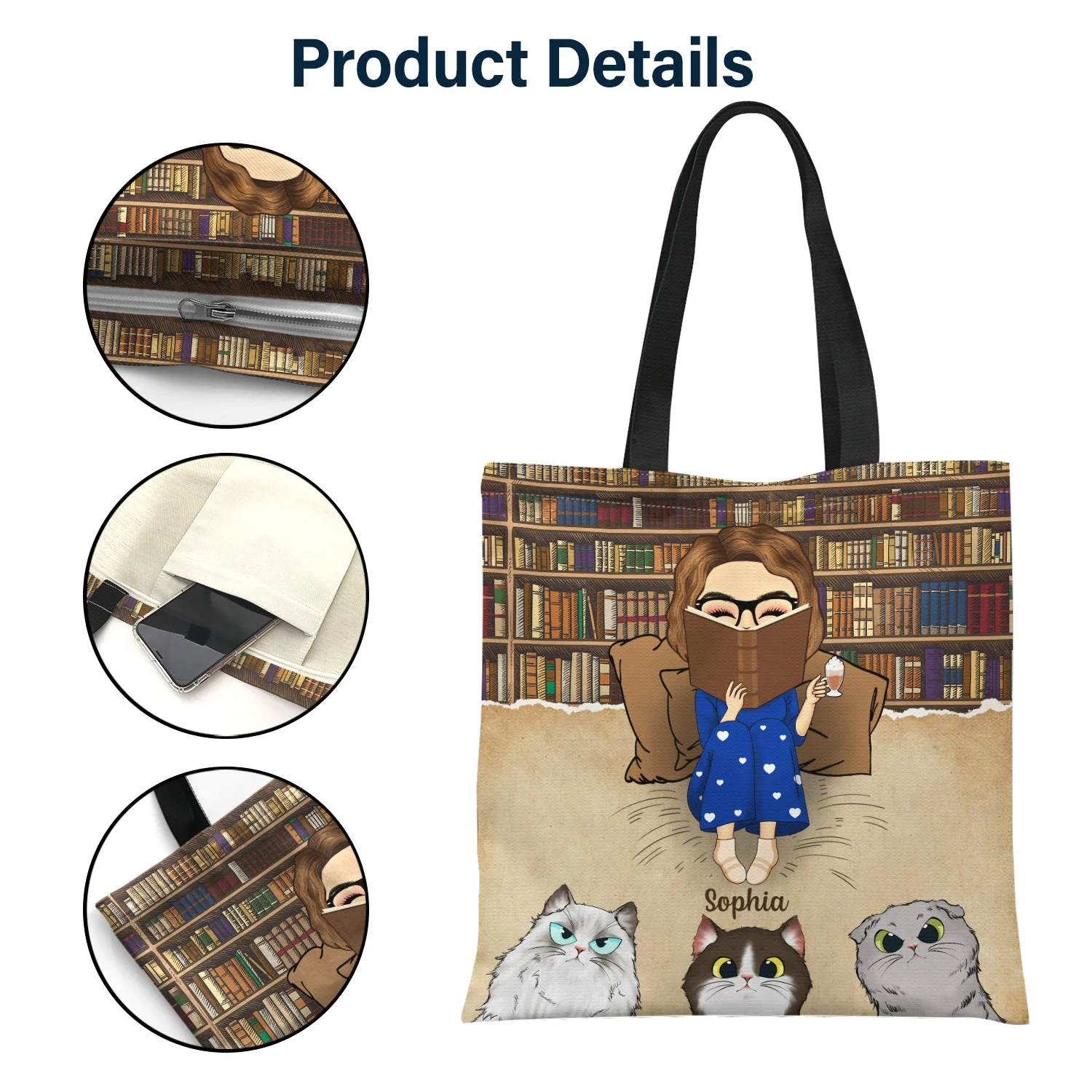 Reading Just A Girl Who Loves Books And Cats - Gift For Cat Lovers - Personalized Zippered Canvas Bag - Image 4