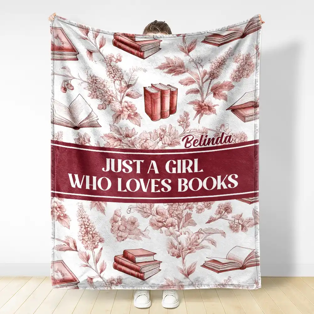 Reading Toile De Jouy Style Just A Girl Who Loves Books - Personalized Fleece Blanket, Sherpa Blanket - Image 3