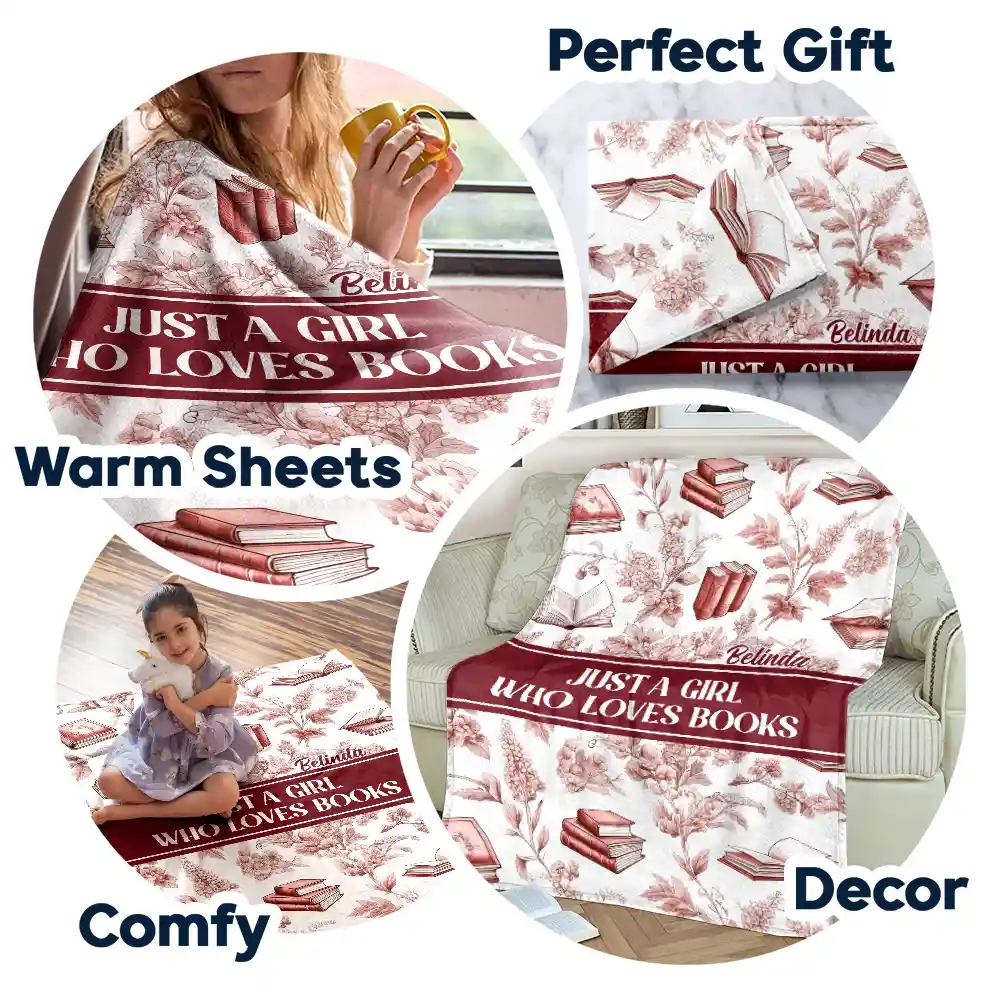 Reading Toile De Jouy Style Just A Girl Who Loves Books - Personalized Fleece Blanket, Sherpa Blanket - Image 7