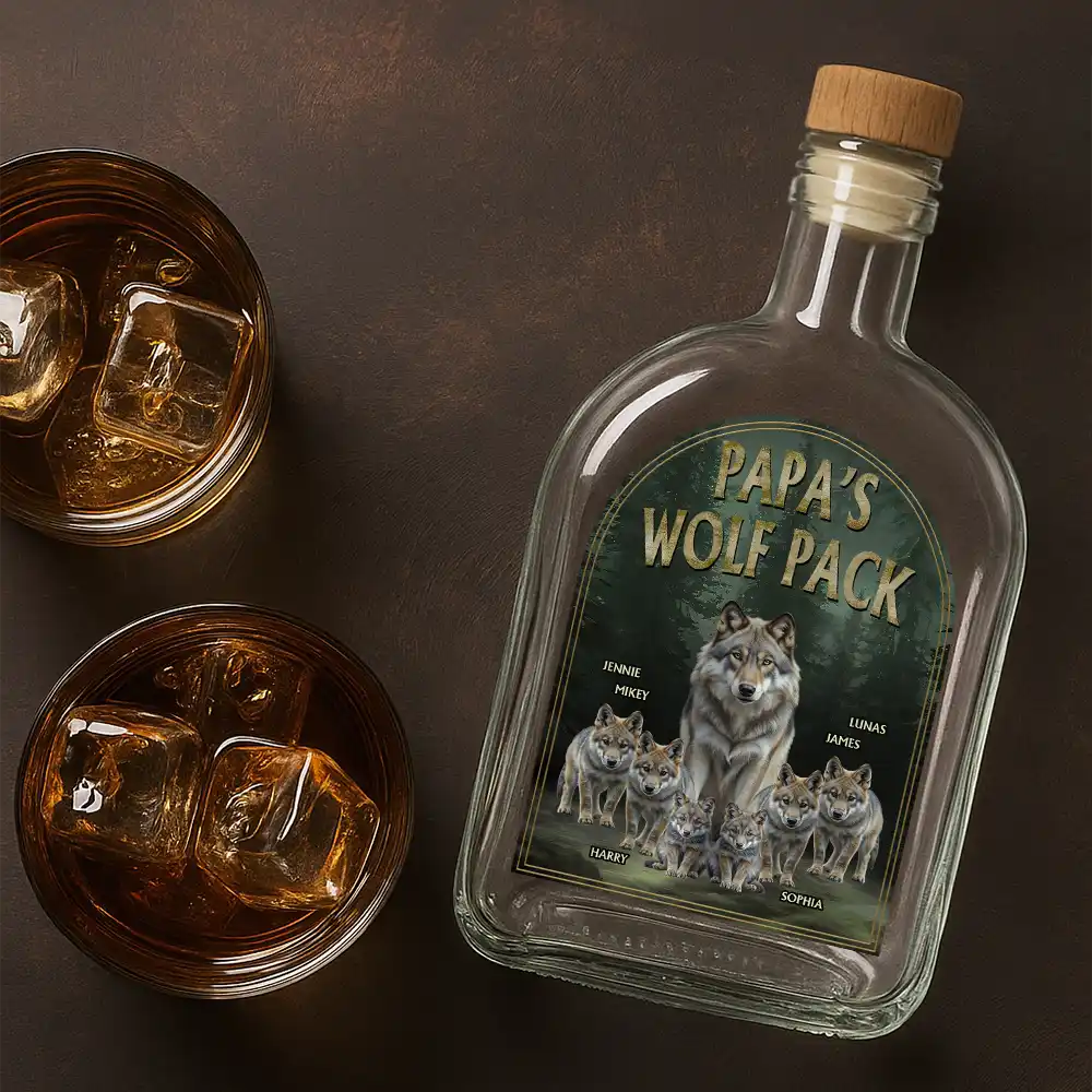 Realistic Art Papa Dad Wolf Pack - Personalized Whiskey Bottle - Image 4