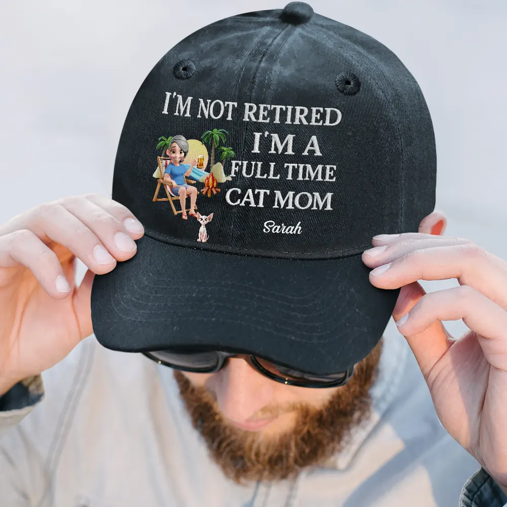 Retired Full Time Dog Cat Mom 3D Embroidery Effect - Personalized Vintage Washed Denim Cap - Image 2