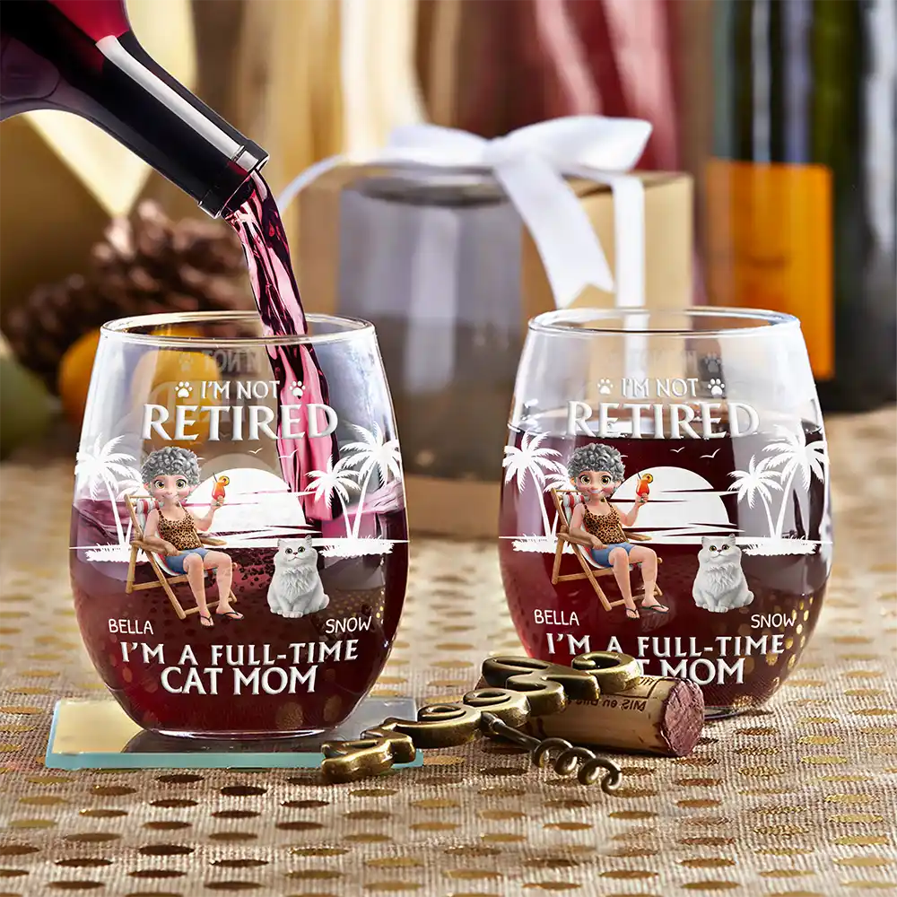 Retired Full Time Dog Cat Mom - Personalized Stemless Wine Glass - Image 3